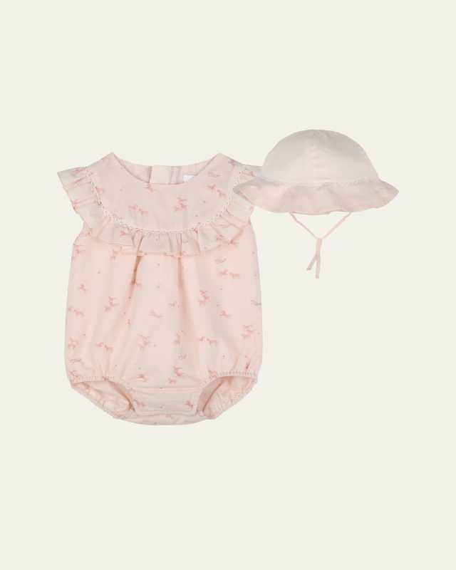 Girl's Little Horses Printed Romper And Hat, Size Newborn-18